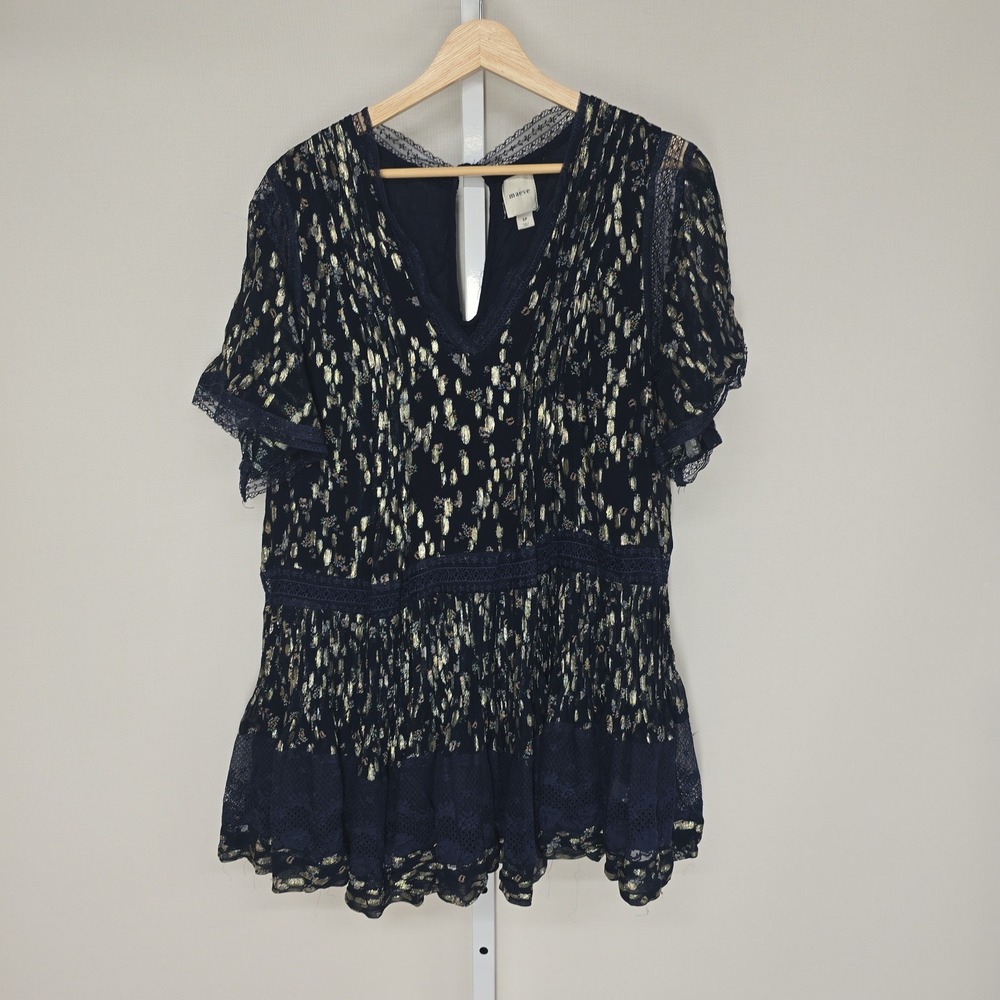 Maeve‎ Anthropologie Navy Gold Metallic Lace Trim Peplum Blouse Top SP